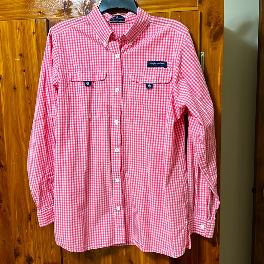 Simply Southern Pink/White Checked Shirt Large